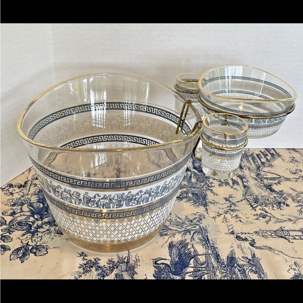 Elegant Gold and Blue Glass Punch Bowl Set